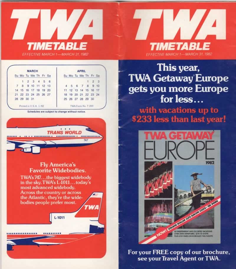 Trans World Airlines (TWA) Timetable Effective March 1 - March 31, 1982